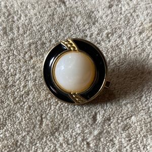 Vintage Classic 80s Round Black and White Gold Enamel Rhinestone Brooch Pin